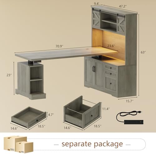 71" LED L Shaped Standing Desk with Hutch and Drawers Grey - Image 7