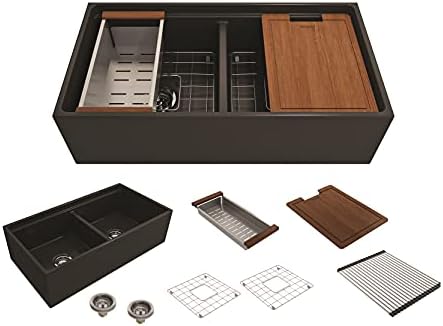 BOCCHI Contempo Workstation Apron Front Step Rim Fireclay 36 in. Double Bowl Kitchen Sink with Accessories in Matte Black by BOCCHIKitchenandBath