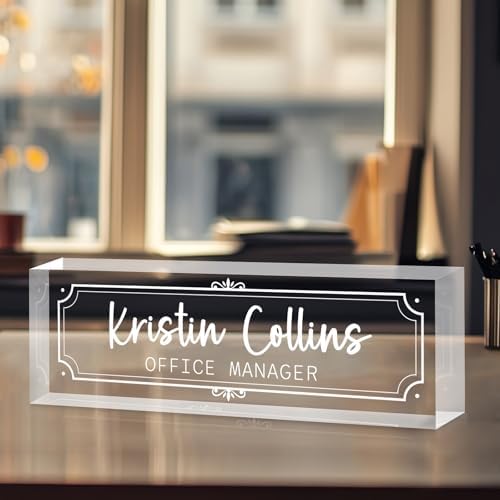Custom Name Plate for Desk, Personalized Name Plate on Clear Acrylic Glass, Appreciation Gifts for Teacher Employee Boss Coworkers Nurse, Office Desk Accessories for Women Men (Engraved Classic) by DOCRAGI