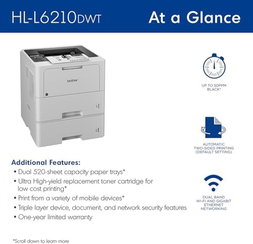 Brother HL-L6210DWT Wireless Monochrome Laser Printer for Business, 50 PPM Duplex Printing, Dual Paper Tray, Ethernet & Mobile Printing with 6ft USB Printer Cable + Print Like a Pro eBook Guide Bundle - Image 5