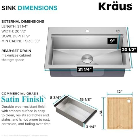 KRAUS Kore 32-Inch Drop In/Undermount Workstation 18 Gauge Single Bowl Stainless Steel Kitchen Sink with Accessories, KWT300-32 - Image 6