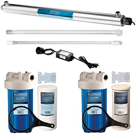 55W UV Ultraviolet Light Plus Sediment and Carbon Well Water Filter Purifier System for Rust, Iron, Sand, Dirt, Sediment Bad Taste/Odor.12 GPM UV System and 2 Heavy Duty Housings Size 4.5"x10" by BLUONICS