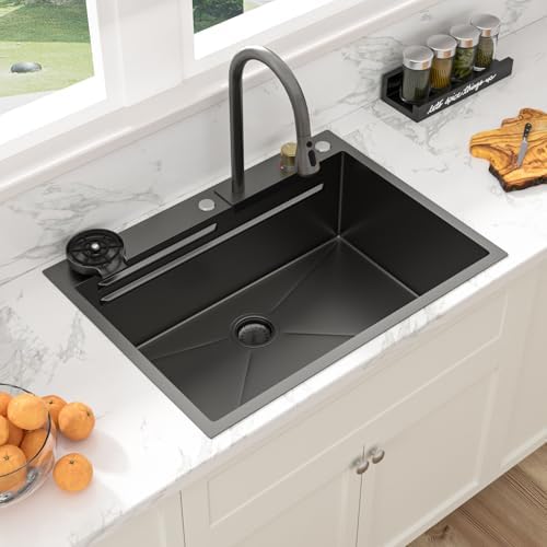 Sarlai black Waterfall Kitchen Sink - 28x22 Black Waterfall Drop In Workstation Sink Stainless Steel 16 Gauge Sinks Multifunction Single Bowl Smart Top Mount Kitchen Sinks with Faucet Combo - Image 2
