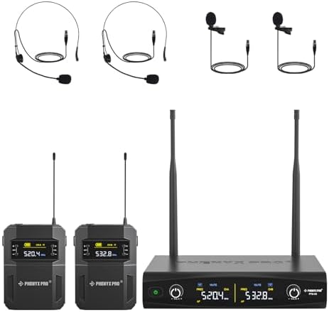 Phenyx Pro UHF Wireless Microphone System w/ 2x30 Tunable Frequencies, Metal Cordless Mic Set, 200 ft Range, 2 Bodypacks & Headsets/Lapel Mics for Speaking, Singing, Church, DJ (PTU-52-2B) by PhenyxPro