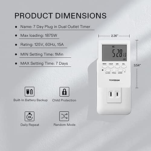 VIVOSUN AeroLab THB1S Wireless Bluetooth Hygrometer Thermometer Indoor and 7 Day Programmable Digital Timer with Dual Outlet, 20 On/Off UL Listed Heavy Duty Plug-in Outlet Timer with Countdown Setting - Image 2