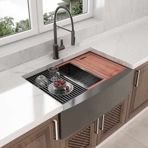 36 Black Farmhouse Sink - Lordear 36 Inch Kitchen Sink Ledge Workstation Gunmetal Black 16 Gauge Single Bowl Apron Front Farm Sinks Basin, 9" Apron Height - Image 2