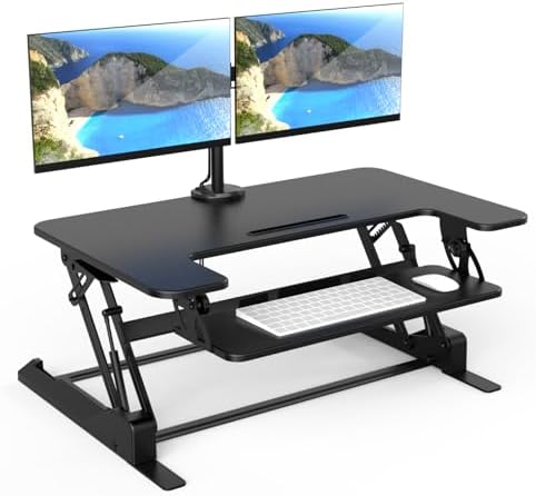 Mount-It! Standing Desk Converter Dual Monitor, 2 Screen Mounts Included, Height Adjustable Desk Riser in Black, Stand Up Desk Convertor Large 36" Wide, Sit Stand Convertor with Manual Lift Gas Spring by Mount-It