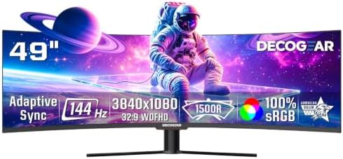 Deco Gear 49” Ultrawide Curved Monitor, 144Hz 32:9 Dual FHD 3840×1080, R1500, 3000:1 VA Super Wide Screen, Adaptive Sync, HDR400, USB-C 65W, 3ms, HDMI/DP, PBP/PIP KVM Work Gaming Display, Laptop & PC by DecoGearUSA