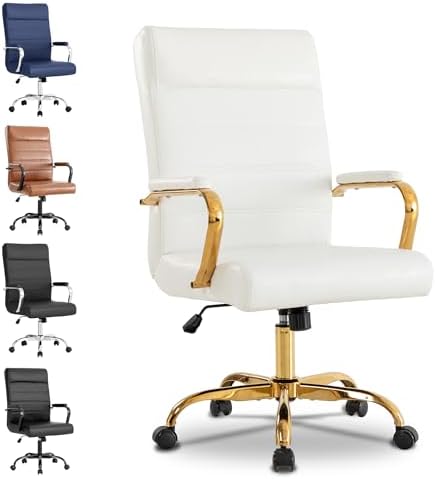 Office Desk Chair,Modern Leather Conference Room Chairs,High Back Home ofiice Chair,Adjustable Height Swivel Executive Computer Chair with Armrest and Padded Seat,White/Gold by BOWTHY