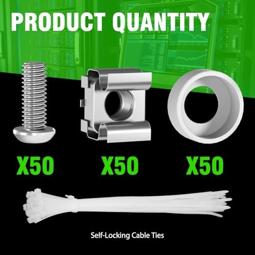 M6 x 16mm Rack Mount Cage Nuts, Screws and Washers - 50 Pack for Server Cabinets, Shelves, Routers - Self-Locking Cable Ties - Image 2