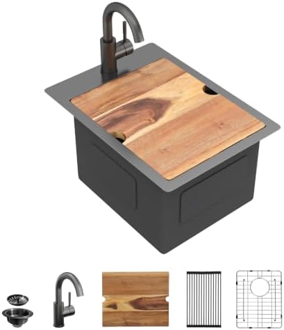 14"x19" Black Bar Prep Sink Drop In Workstation with Faucet Combo by FULORNI