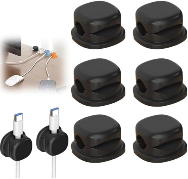 6 Count 360° Rotating Cable Management Clips, Spring-Loaded Mechanical Clamp, Non-Magnetic, No-Residue Adhesive, Black or White, 6 Count (Black) by Unknown