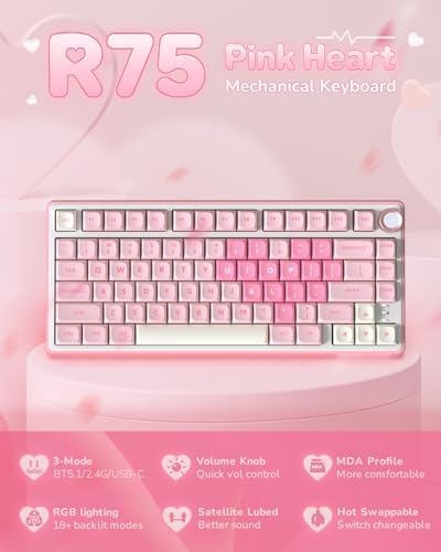 RK ROYAL KLUDGE R75 Wireless Mechanical Keyboard, 75% Percent Custom Gaming Keyboard Gasket Mount RGB Backlit with Knob & PBT Keycaps, BT5.1/2.4GHz/USB-C, Hot Swappable Cream Switch - Image 2
