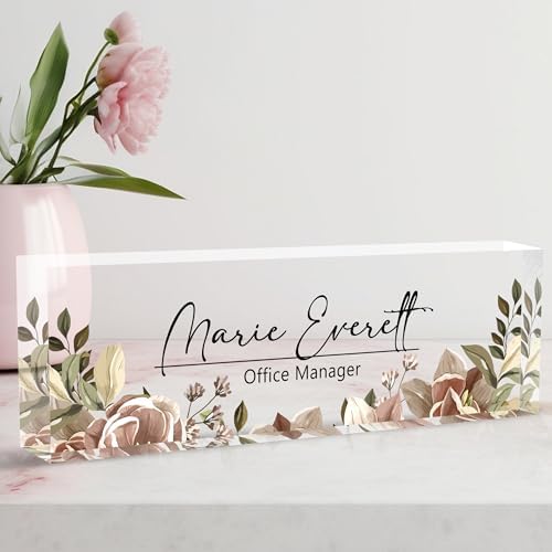 Custom Desk Name Plate, Personalized Acrylic Office Decor, Employee Appreciation Gifts for Boss, Manager, Teacher, Nurse (Threadlike Flower) by AeekdookWoodenPuzzles