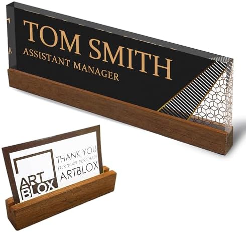 Artblox Personalized Office Desk Name Plate and Business Card Holder | Clear Acrylic Glass with Teak Wood Stand | Abstract Shapes Design Customized with Your Name and Credentials Office Desk Décor by Artblox