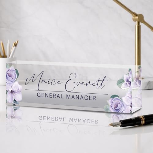 Personalized Name Plate for Desk Custom Desk Name Plate Acrylic Office Desk Accessories Decor for Women Teacher Nurse Boss Employee Appreciation Gifts for Mother Purple Floral Name Plates by Feraurae