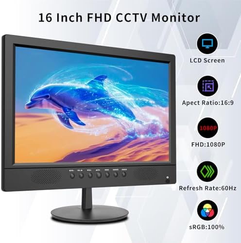 Jexiop 16inch Security Monitor,Wall-Mounted Monitors Supports USB/Full Format Video Playback,CCTV Monitors with AV/HDMI Input/VGA/BNC,Built-in Speaker,Remote Control - Image 2