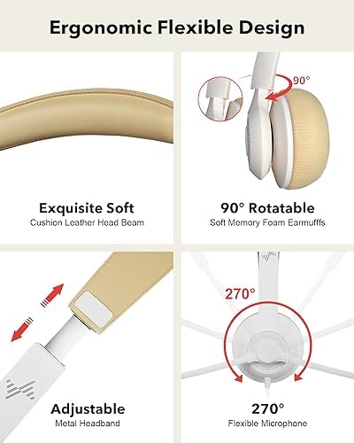 JIAMQISHI USB Headset with Microphone for PC, On-Ear Computer Laptop Headphones with Noise Cancelling Mic in-line Control for Home Office Online Class Zoom (USB+3.5mm, White) - Image 4