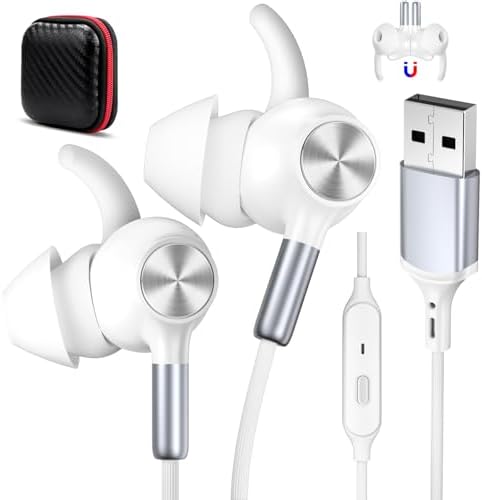 USB Earbuds with Microphone for PC Laptop,USB A Headphones,White by AIAUXAi