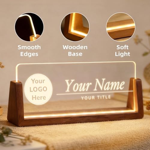 Personalized Light Up Acrylic Desk Name Plate - Custom Name Plate for Desk with Walnut Wood Base - Appreciation Office Gifts for Employees, Teacher, Social Worker (LOGO) - Image 7