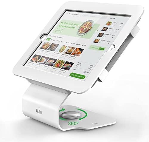 Kiosk POS Tablet Stand Compatible with iPad Air 1, Air 2, Pro 9.7, 5th, 6th, Business Desktop Retail Tablet Stand with 360° Swivel Base, Metal, White, PSC101W by Pinikox