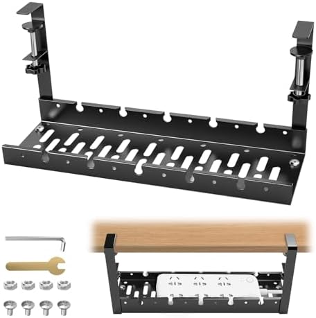 Under Desk Cable Management Tray, No Drill Clamp Mount, Metal Cord Organizer for Desk, Wire Management Rack for Home Office and Standing (Black) by Unknown