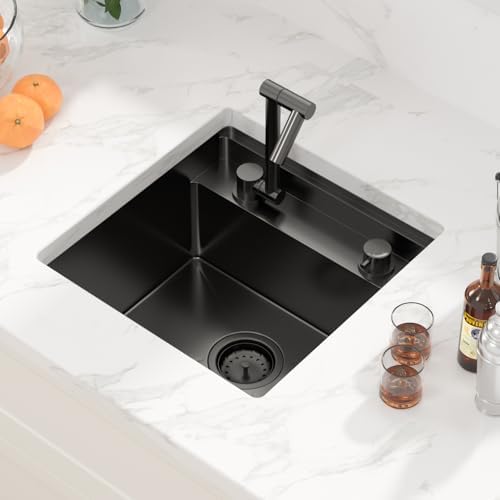 Sarlai Black Undermount Bar Sink With Foldable Faucet - 18x18 Inch Outdoor Black Kitchen Sink RV Workstation 16 Gauge Stainless Steel Single Bowl Handmade Outdoor BBQ Sinks with Lid - Image 3