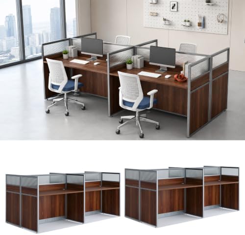 4-Person Office Cubicle Workstation Desk with Mute Privacy Panels & Cable Management, Computer Cubicles Desk for Home & Commercial Office Use, Walnut Finish by Unknown