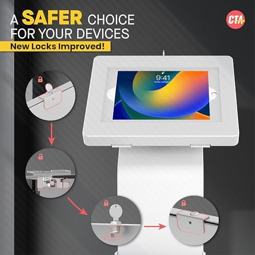 CTA Digital Anti-Theft Mobile Workstation Locking Floor Stand Kiosk w/ Secure Enclosure, Keyboard Tray & Storage for iPad A16 - iPad Pro 11" M4 - Air 11"M3 & M2 Galaxy Tab A & More White (PAD-PARAFWK) - Image 3