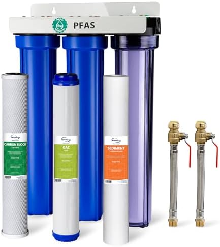 iSpring WCB32C-GAC+AHPF12MNPT12X2 3-Stage Whole House Water Filter System w/ 3/4'' Push-Fit Braided Stainless Steel Hose Connectors, Reduces Chloramine, PFAS, Chlorine, Sediments, 3/4" Inlet/Outlet by iSpring
