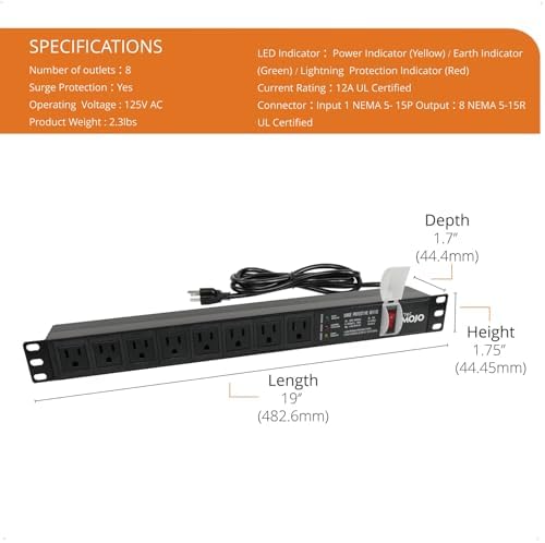 Tecmojo 1U Rack-Mount Horizontal 8-Outlet PDU, UL Listed PDU with Surge Protection LED Indicators 6ft Cord Power Distribution for IT and Network Server Racks(SKU# 13110801) - Image 2