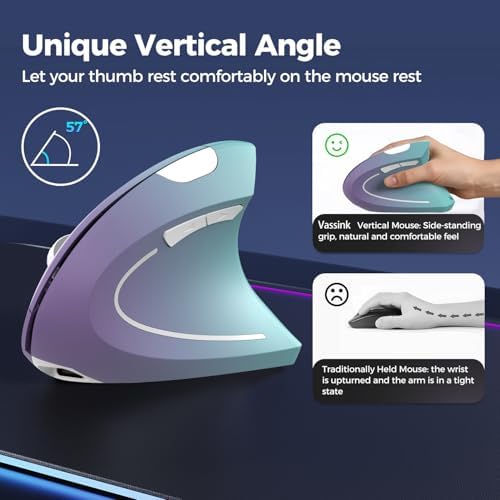 Vassink Ergonomic Wireless Rechargeable Mouse,USB A+TypeC(2in 1) Connection, 800/1200/1600 DPI, 6 Buttons,2.4GHz Carpal Tunnel Vertical Mice, for Laptop, Desktop,MacBook - Image 3