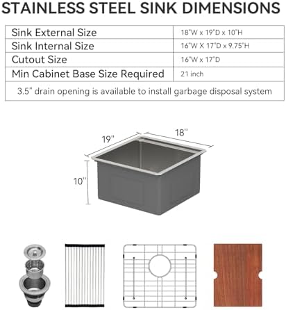 LORDEAR 18 inch Undermount Bar Sink Workstation - 18x19x10 Inch Bar Prep Sink 16 Gauge Stainless Steel Single Bowl Handmade RV Outdoor BBQ Camper Sink with Full Cutting Board - Image 5