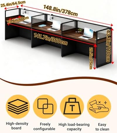 3-person Office Cubicle Desk Workstation w/Mute Privacy Panels, Dark Walnut - Image 2