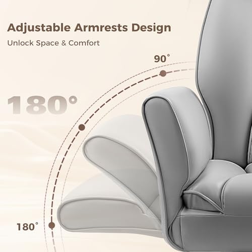 Big and Tall Office Chair, Flip Armrests for Cross Legged Sitting, Ergonomic Leather Executive Desk Chair with Foot Rest, High-Back Reclining Computer Chairs for Office Home Game - Light Gray - Image 4