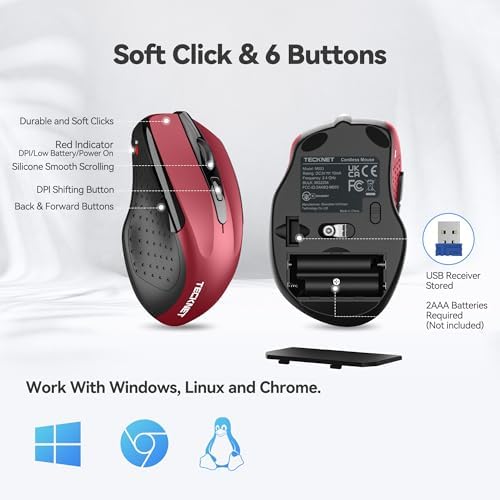 TECKNET Wireless Mouse, 2.4G Ergonomic Computer Mouse, 2600 DPI, Red - Image 5