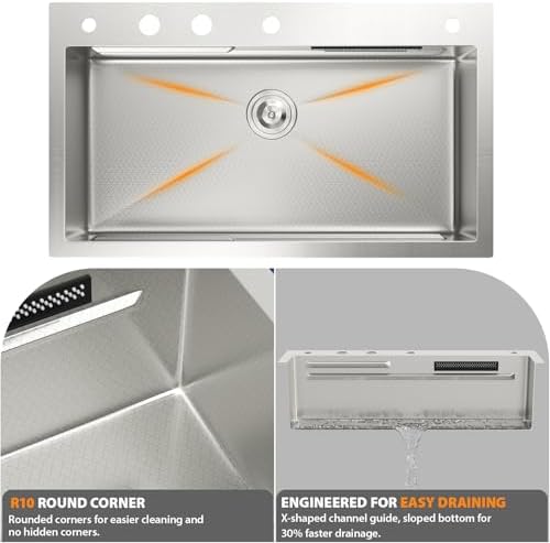 Mocoloo 33 Inch Honeycomb Waterfall Kitchen Sink Drop in, 33x19 Inch Stainless Steel Workstation Sink 16 Gauge Topmount Single Bowl Sink with Complete Kit - Image 7