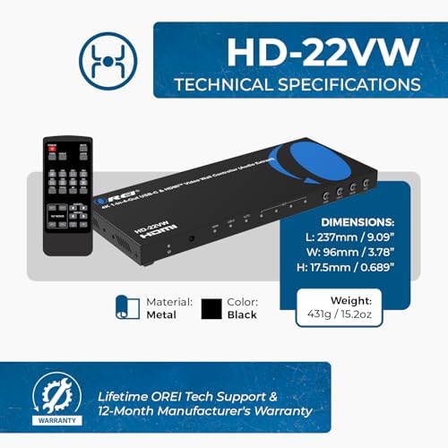 OREI 4K Video Wall Controller for Multi-Screen Display with HDMI and USB-C Inputs, 4K@60Hz Input and 1080p Output, 180° Rotation, RS-232 Control and Optical Audio Output - Image 5