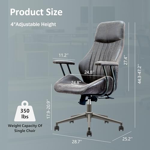 High Back Home Office Chair, Mid Century Vintage Executive Chair,Comfy Ergonomic Rolling Office Task Chair with Lumbar Support,Faux Leather Office Chair,Dark Gray - Image 2