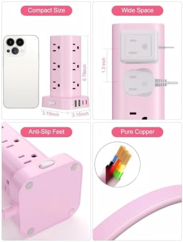 6FT Power Strip Tower Surge Protector, 12 Wide Spaced Outlets, 4 USB - Image 6