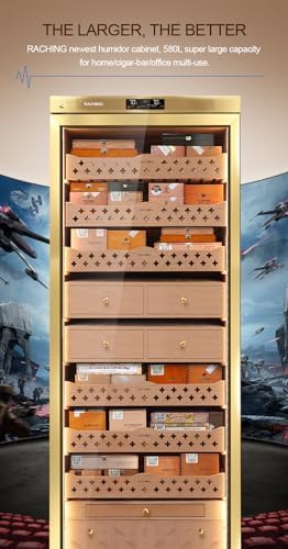 Cigar Climate Control Cabinet, Raching MON5800 Cigar Humidor Cabinet with Ammonia Removal, 570L Wood Frame Cabinet for Cigar Storing&Aging - Gold - Image 5