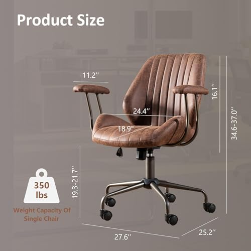 Mid Back Home Office Chair, Mid Century Modern Leather Computer Desk Chair, Comfy Executive Rolling Swivel Task Chair with Wheels Armrest Height Adjustable,Dark Brown - Image 2
