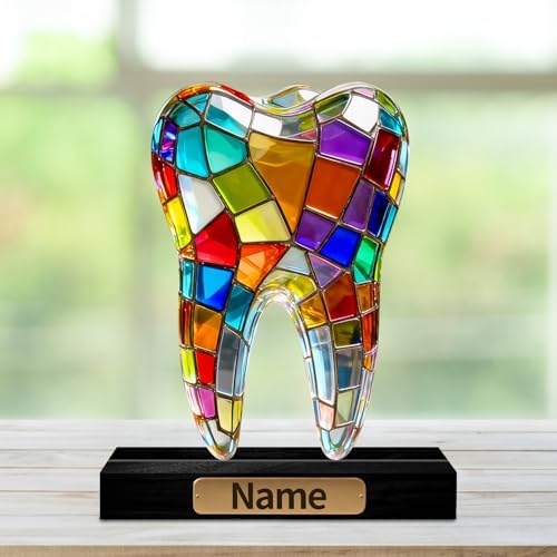 Personalized Acrylic Tooth Anatomical Decoration Stained Glass Style Colorful Figurine with Custom Name Plate Halloween Desktop Ornament Gifts for Dentists Dental Students Men Women - Image 2