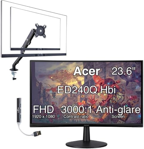 Acer Nitro ED240Q FreeSync FHD 1500R Curve Monitor ZeroFrame Design w/ 1ms Response Time, VESA Mount (100mm), VGA, HDMI & Dockztorm USB Port Expander, Black (UM.UE0AA.H01) & Ergoflexy Single Mount Arm by Unknown