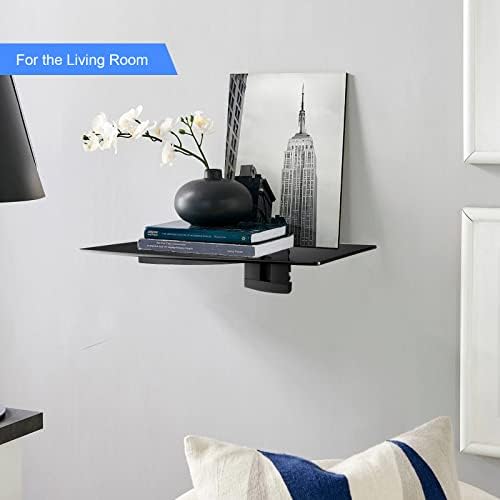 suptek Glass Floating Shelf, 1 Tier Media Shelf for TV Accessories, Flat Black Wall Mount Bracket, 17.6lbs Weight Capacity, Quick Installation, Cable Management, Custom Style, Backless - Image 6