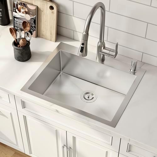 25x22 Drop In Single Bowl 25 Inch Topmount Handmade Kitchen Sink by Quikore