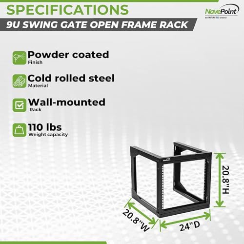 NavePoint 9U Server Rack with Swing Gate - Wall Mount Rack for 19 Inch IT & AV Equipment - 24' Deep, Black - Image 4