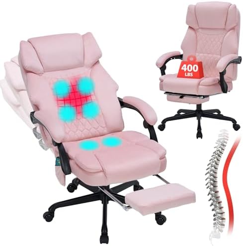 Massage Office Chair with Foot Rest 6 Points Vibration and Heat Home Office Desk Chairs for Heavy People 400lbs Reclining Managerial Chairs Ergonomic Executive Chair (Pink) by BUYNOW