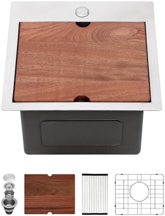 Sarlai 15 Bar Sink Drop In -15x15 Inch Kitchen Bar Sink Stainless Steel 16 Gauge Ledge Workstation Single Bowl Topmount Kitchen RV Wet Bar Outdoor Camper Small Drop Sink by Sarlai