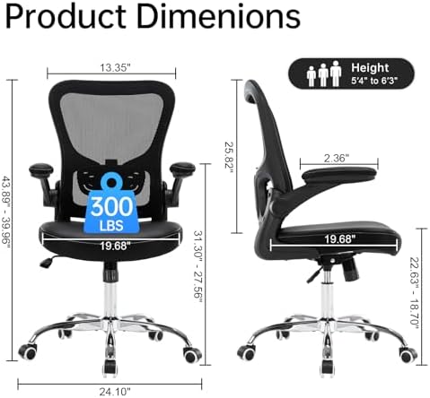 Ergonomic Office Chair, Adjustable PU Leather Computer Desk Chair with Lumbar Support, Flip-Up Arms, Breathable Mesh Back, 360° Swivel Rolling Executive Chair for Home Office, Black - Image 3